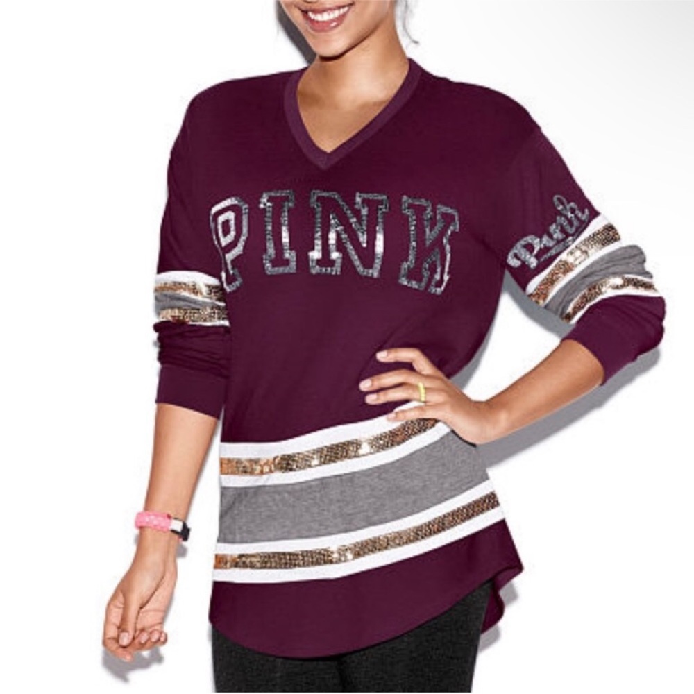 Victoria’s Secret PINK Y2K Sequin Oversized Ling Sleeved V Neck Top - Picture 2 of 12